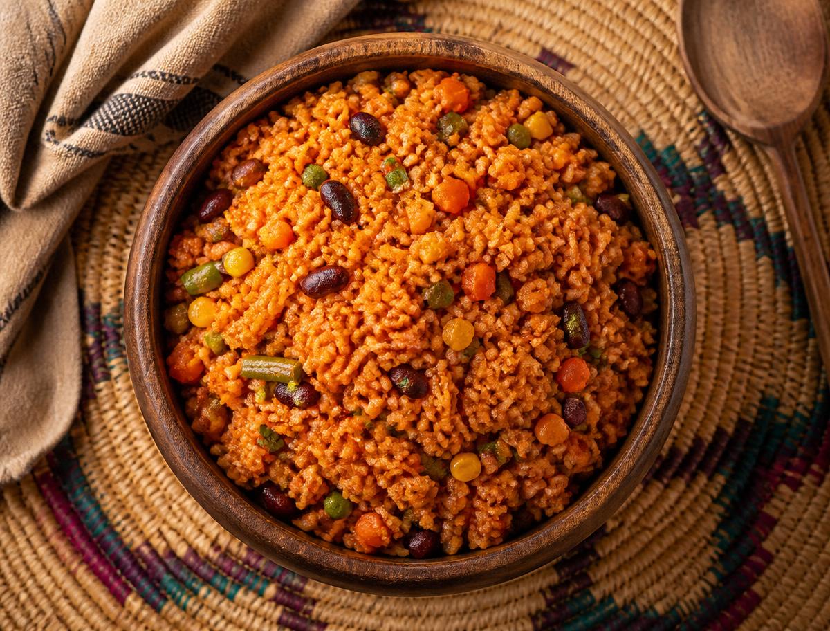 Bowl of jollof rice with vegetables