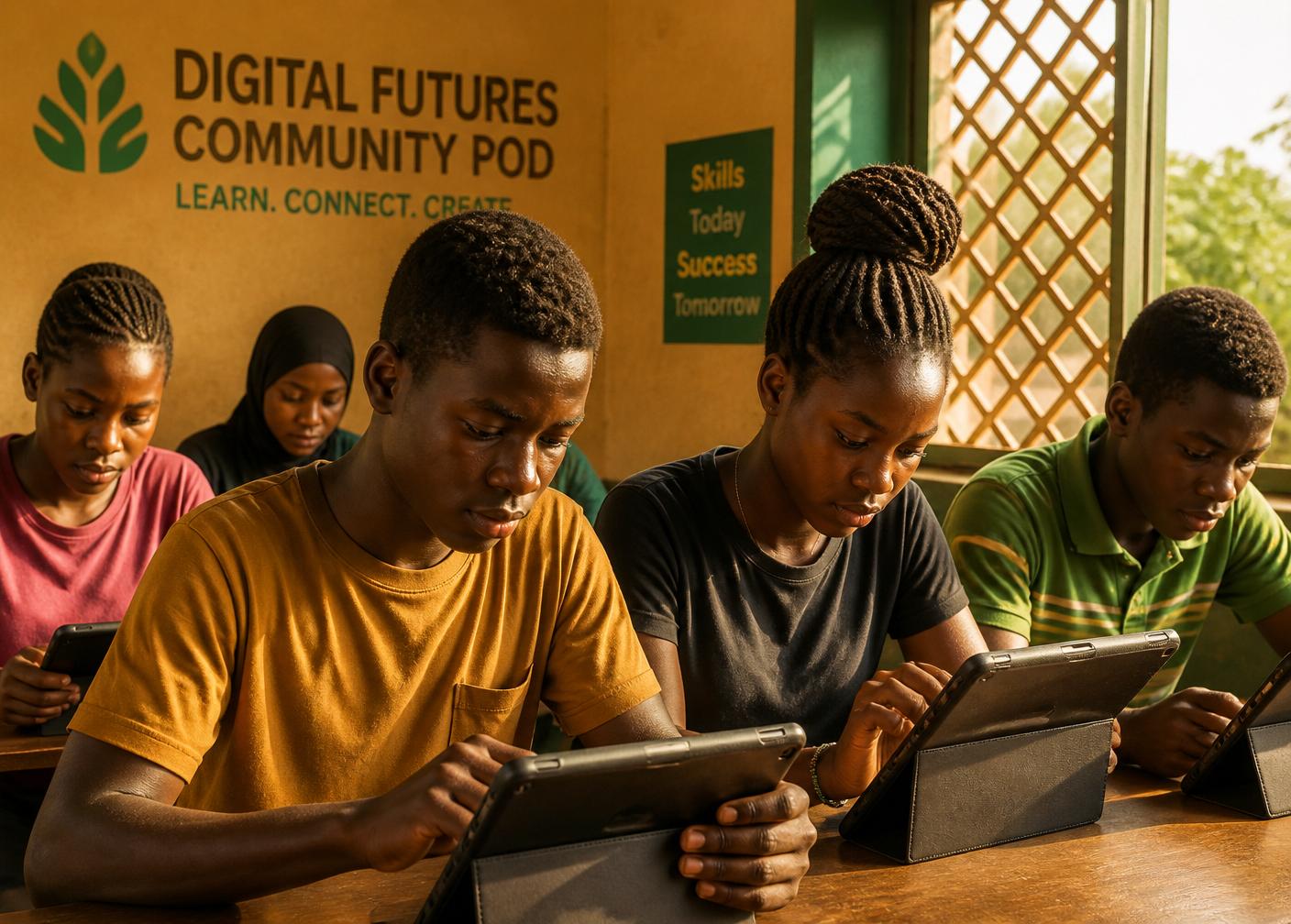 Teenagers learning digital skills on tablets